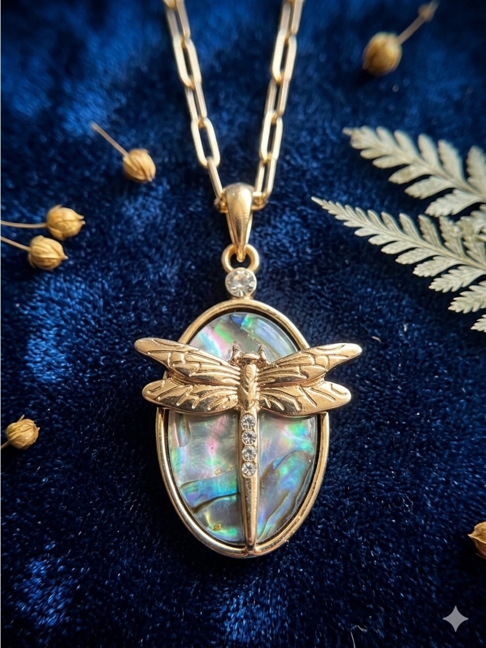 Gold Dragonfly Abalone Pendant Necklace - Iridescent Blue-Green